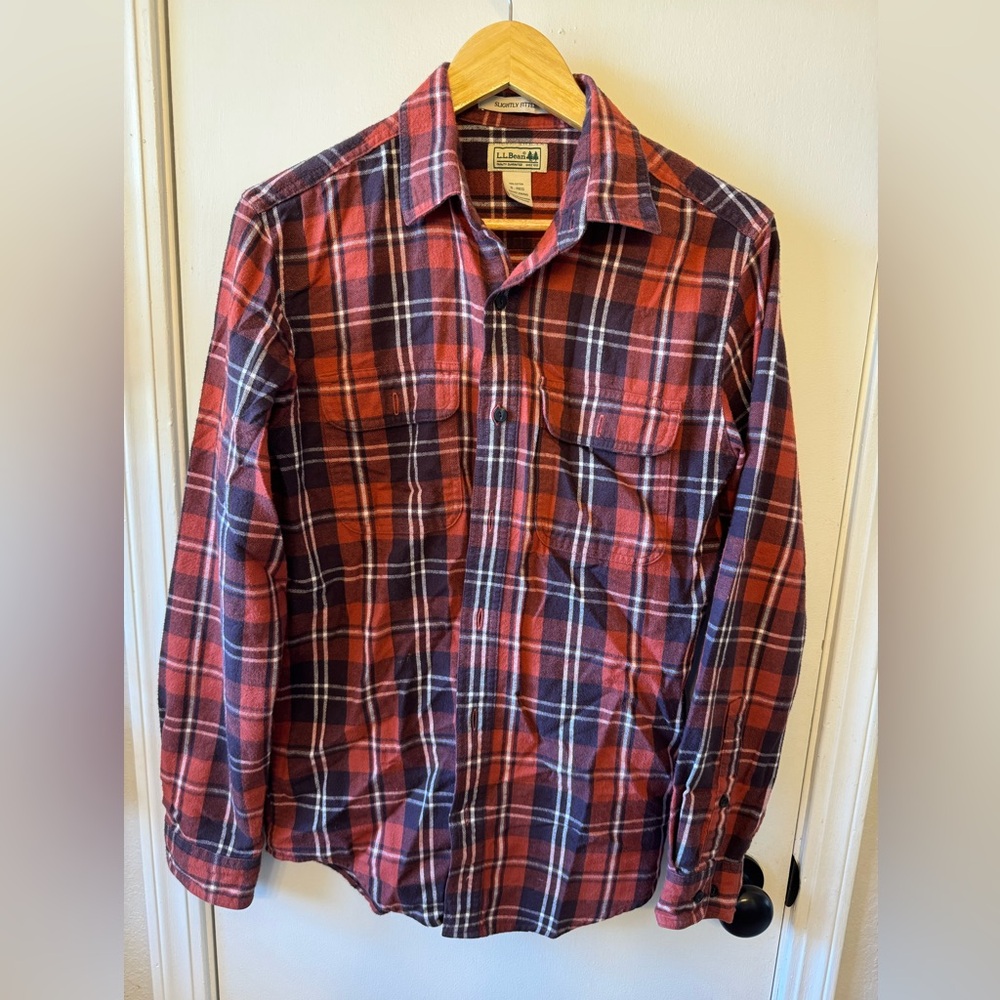 LL Bean Flannel Small Slightly Fitted Mens Orange